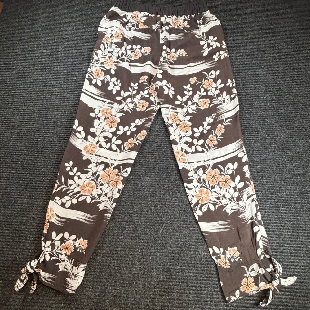 Elevenses Anthropologie Brown Floral Ankle Tie Pants Small Viscose Rayon Boho